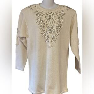 Vintage IB Diffusion Womens Medium Ivory Silk Sweater with Silver Beaded Front